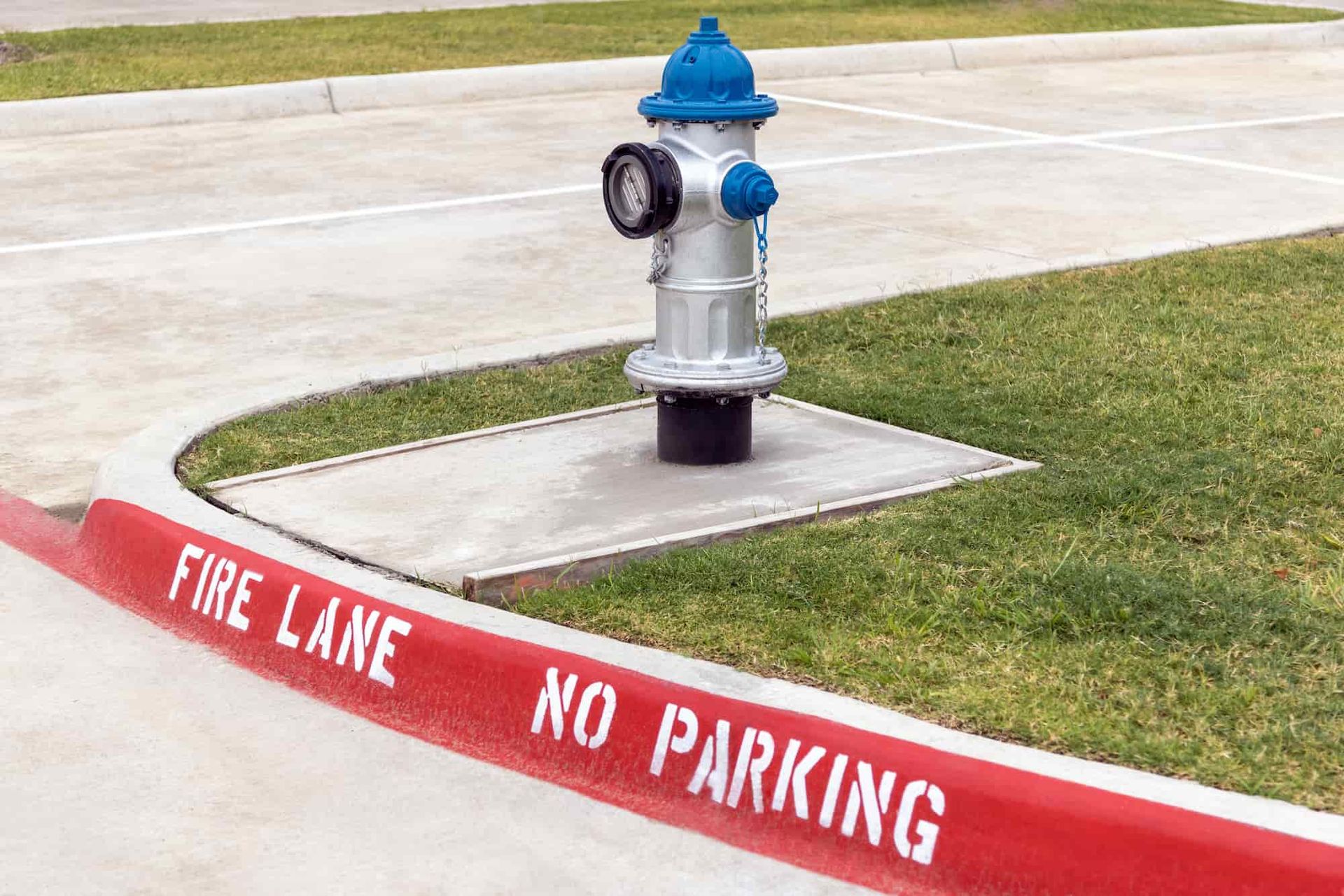 Silver and blue fire hydrant on concrete base, next to a red curb marked 