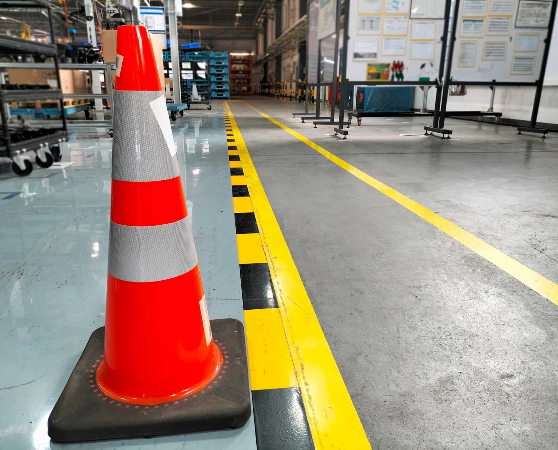 Orange and silver traffic cone on floor next to yellow and black lines in a factory.