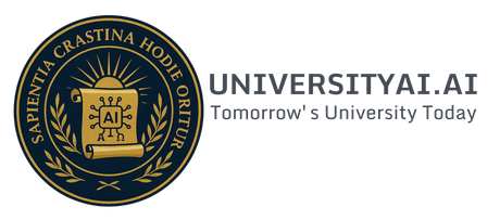 UniversityAI.AI logo: a dark blue emblem with text in a circle around a scroll; text: 
