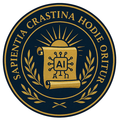 Circular emblem with dark blue and gold. Contains a scroll with AI on it, flanked by olive branches, and text: 