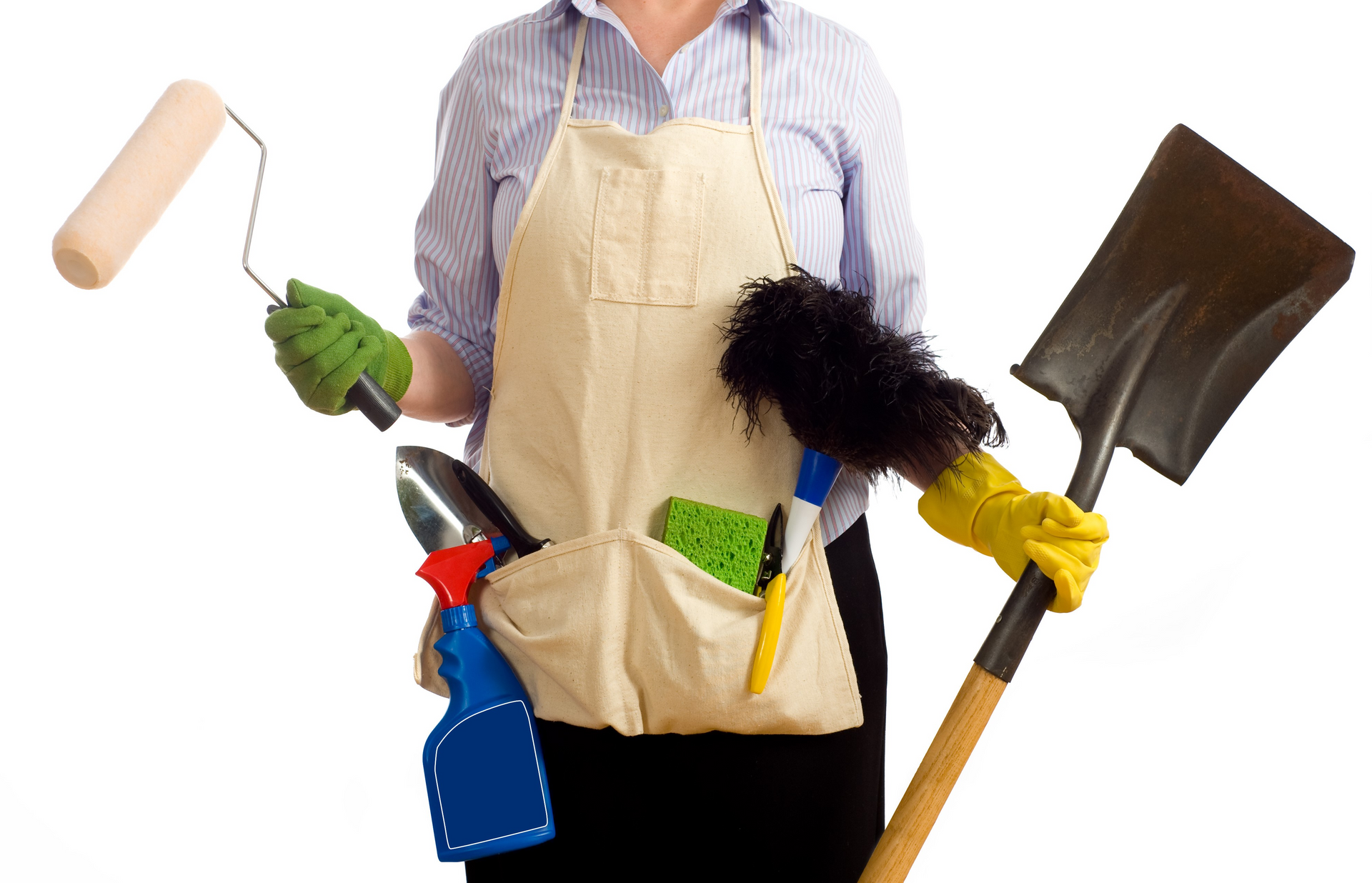 A woman in an apron is holding a shovel and a paint roller