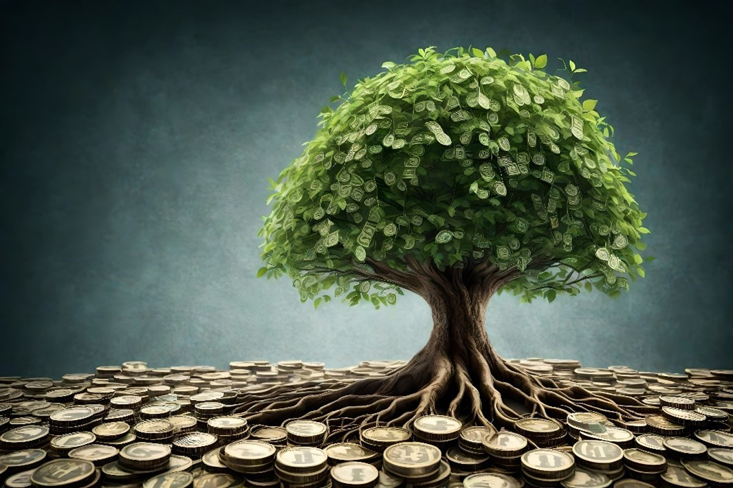 A tree is growing out of a pile of coins.