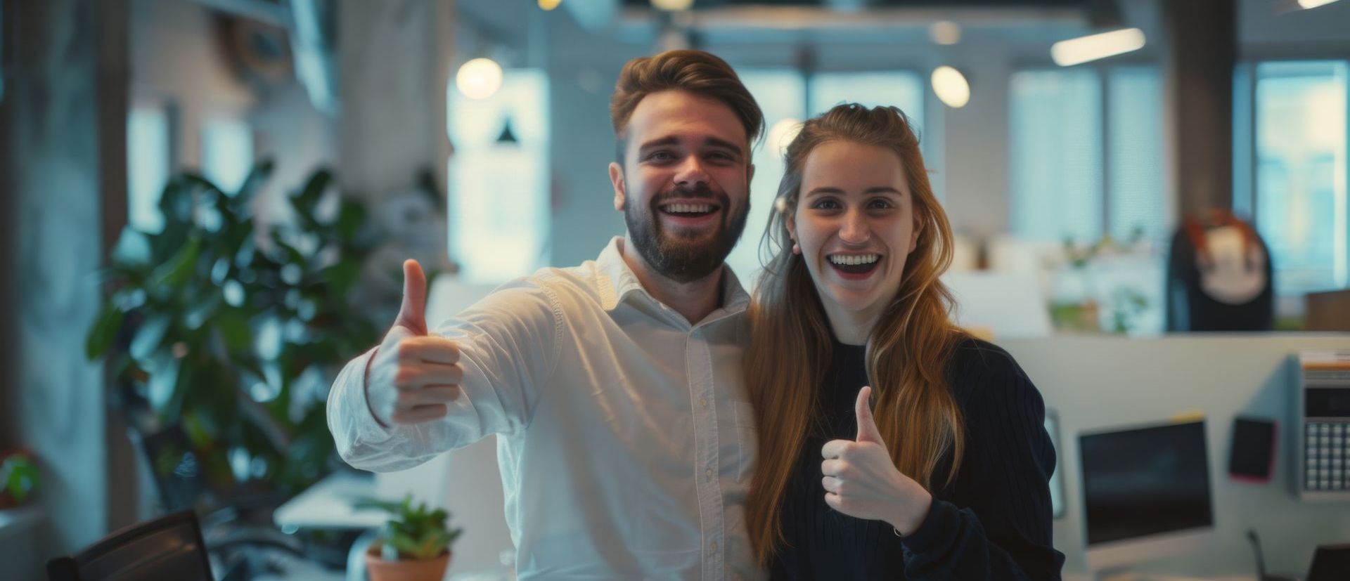 Emprende con Clean & Iron o Wilavo, tus franquicias de confianza. hombre y mujer contentos en un coworking