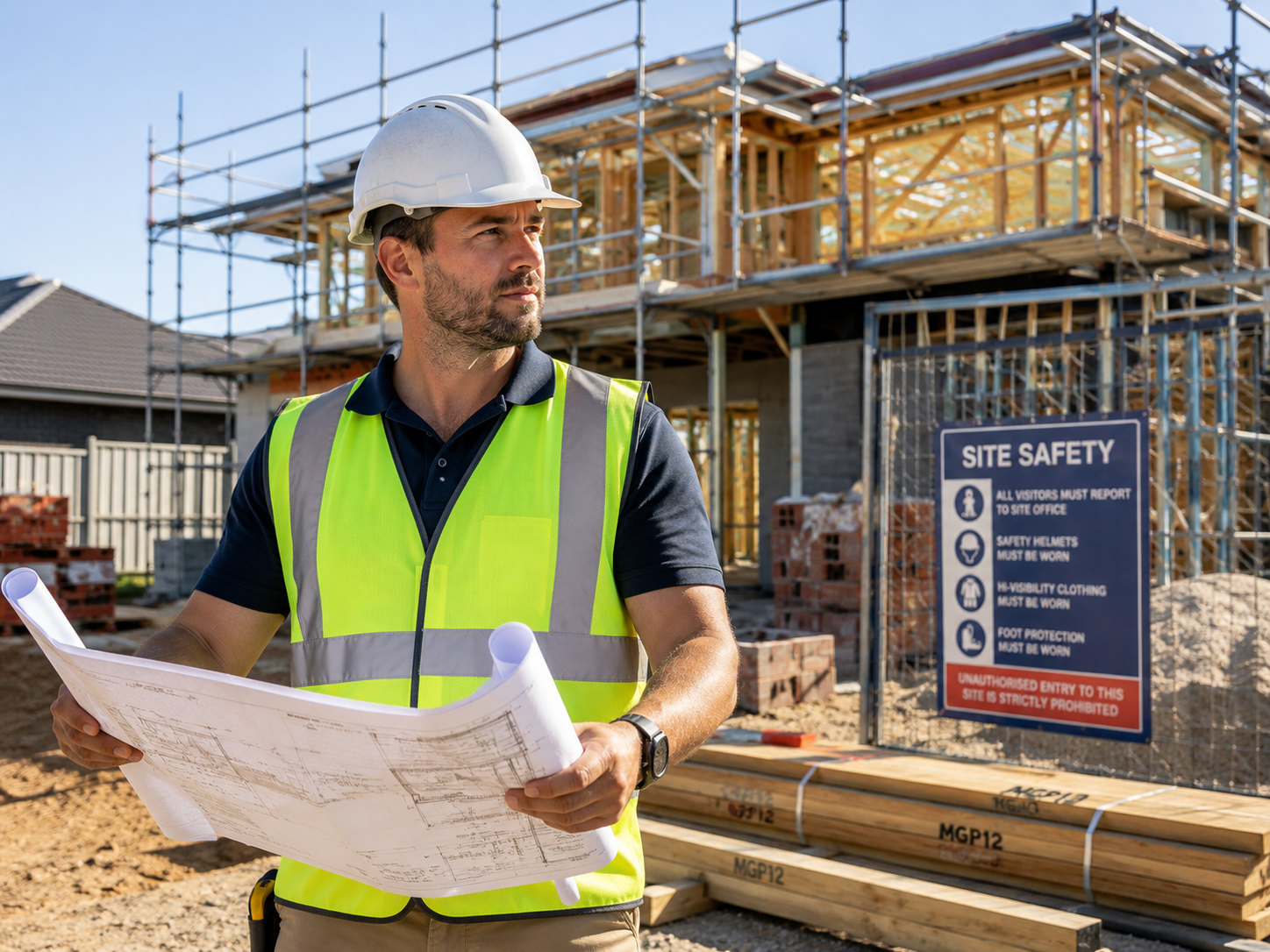Construction worker in hard hat and vest reviewing plans at a building site with safety sign.
