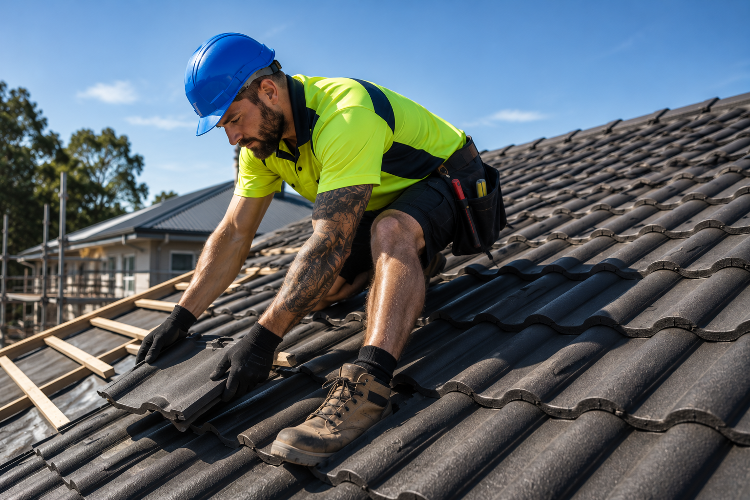 Worker in a blue hard hat and neon vest installing roof tiles on a sloped roof.