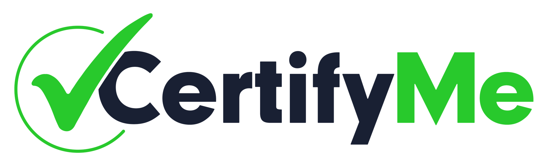 A logo for a company called certify me with a green check mark.