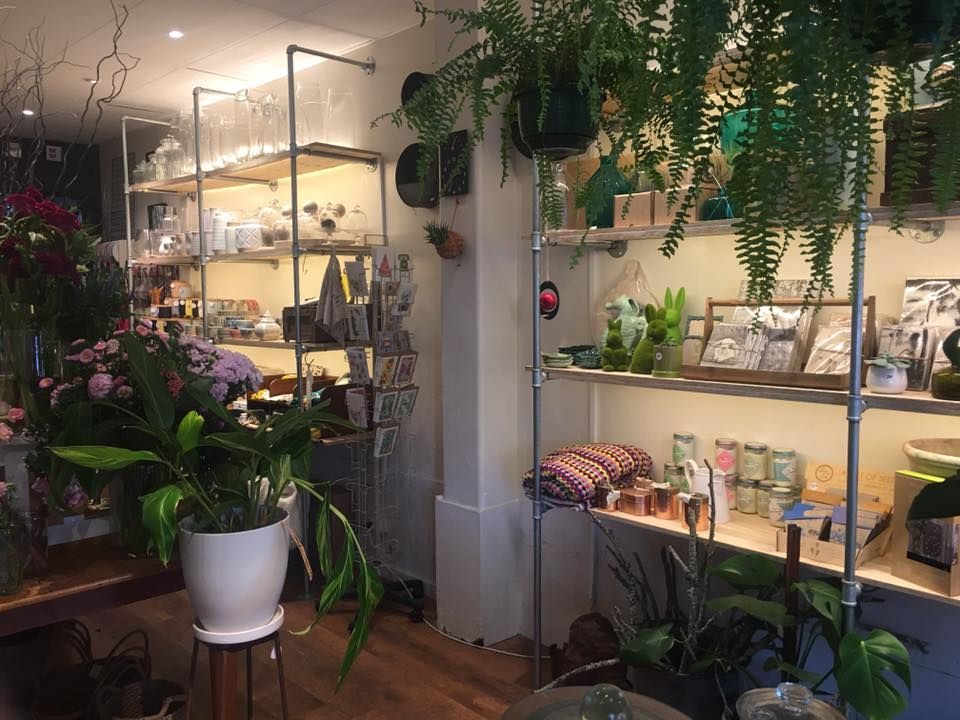 Interior of a flower shop with shelves of items and plants, natural light, and a wooden floor.