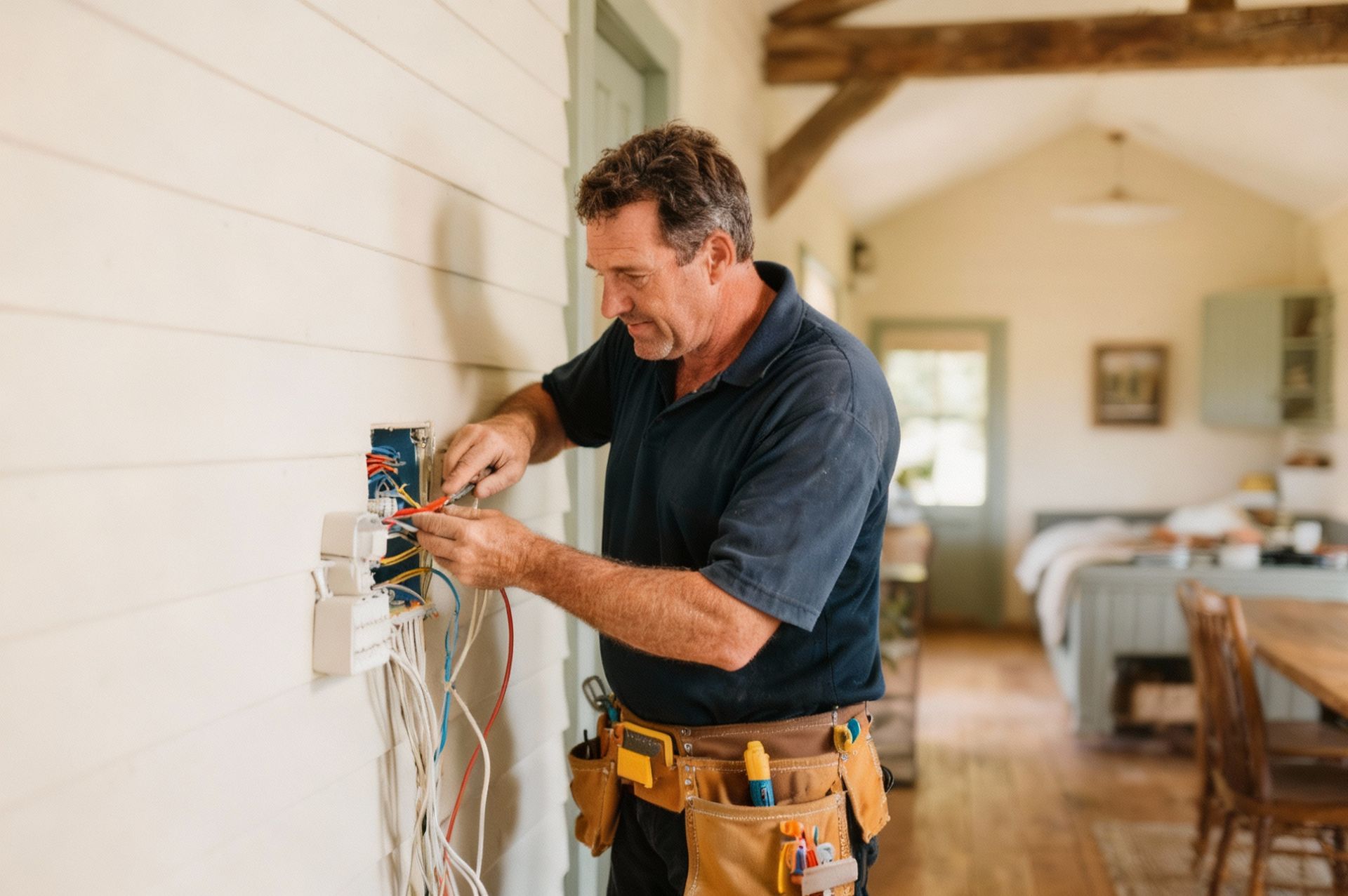 Electrician working on electrical wiring in a home; using tools; wearing tool belt.