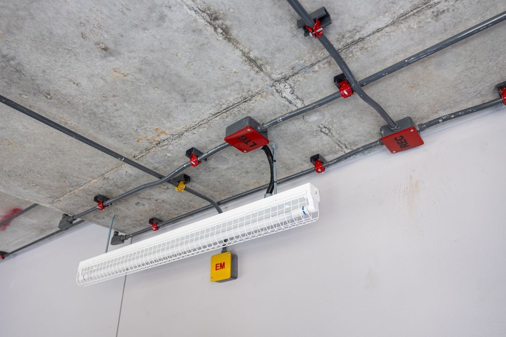 Overhead view of a concrete ceiling with electrical conduit and a fluorescent light fixture.
