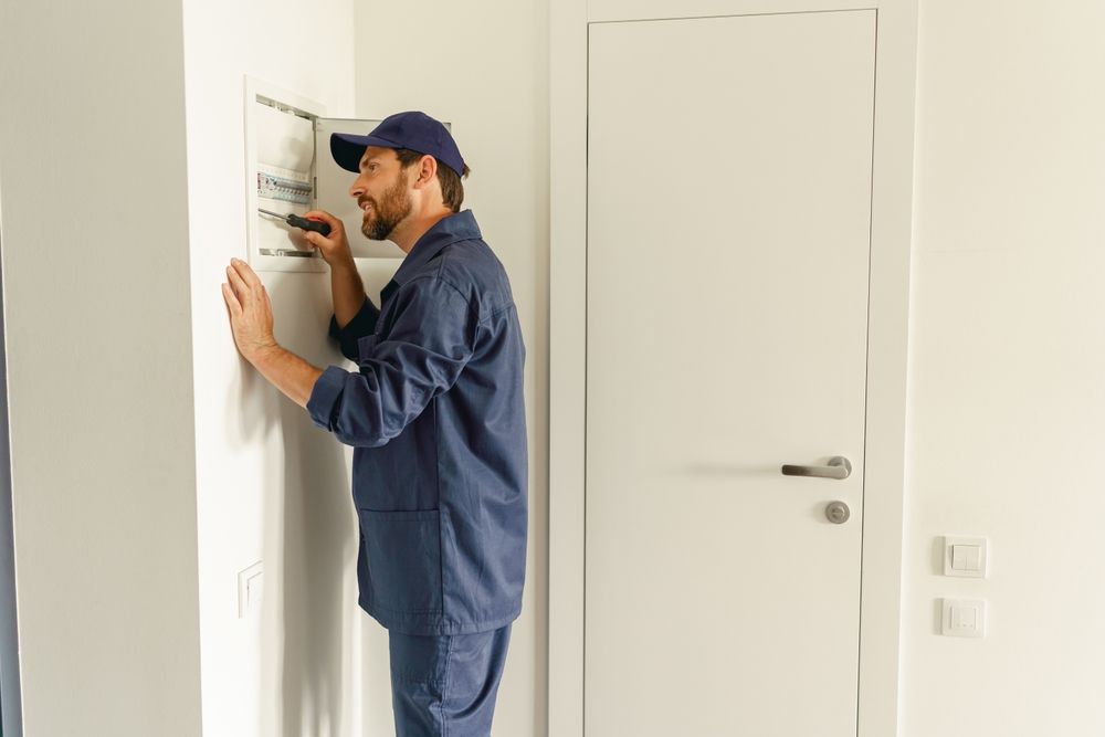 Electrician in blue uniform working on electrical panel near a white door.
