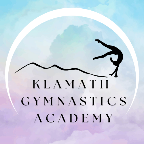 Logo for Klamath Gymnastics Academy with a gymnast in a handstand over a mountain outline, set against a pastel background.