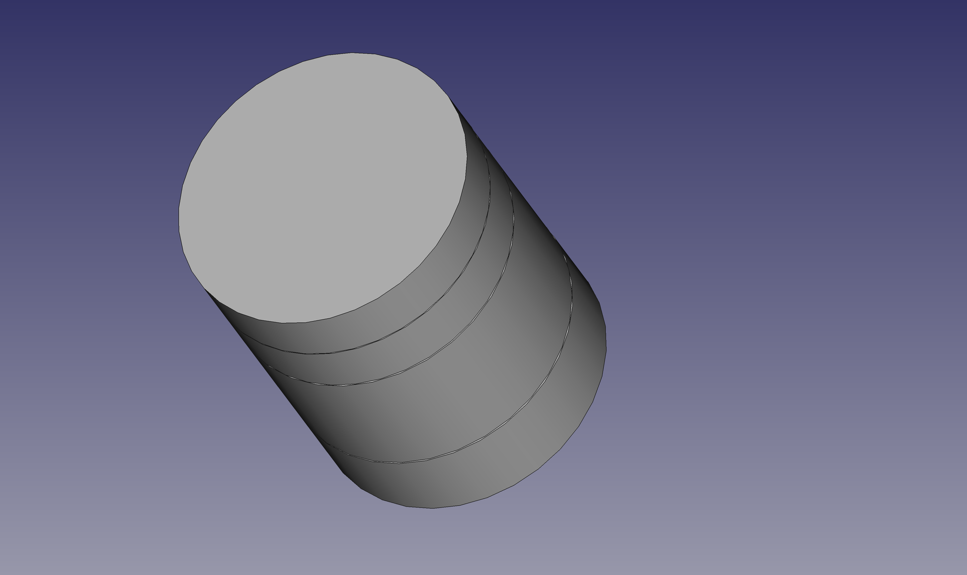 A gray cylinder with three horizontal grooves is tilted against a blue background.