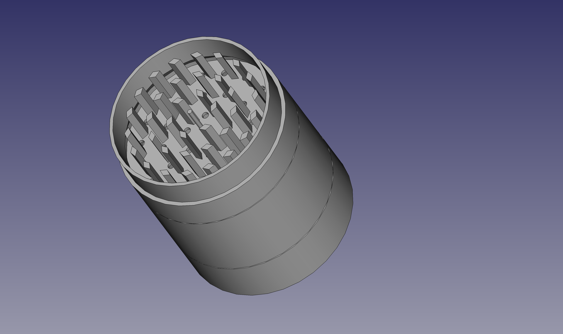 Cylindrical metal container with internal grating structure, viewed at an angle against a blue background.
