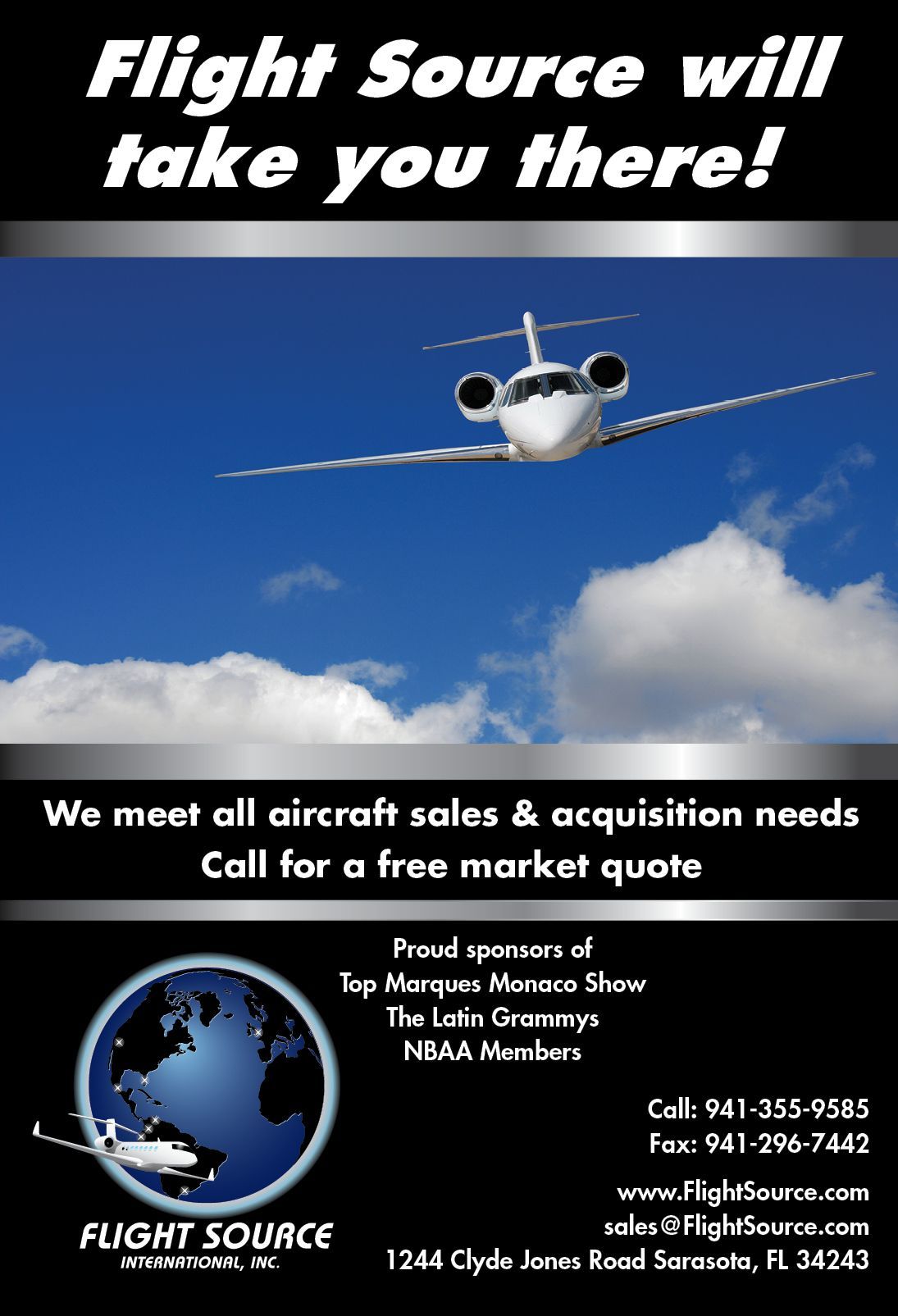 An advertisement for flight source with a plane flying in the sky