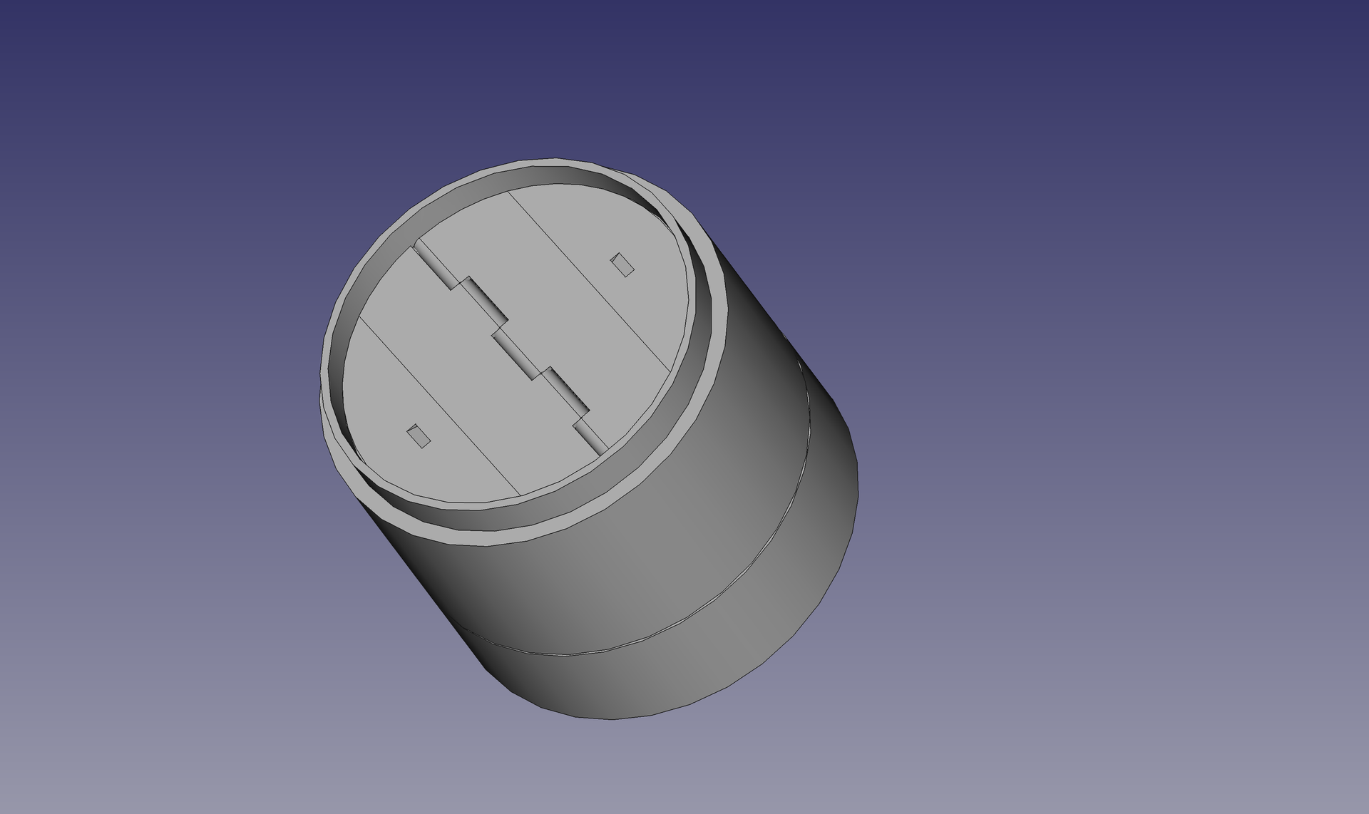 A 3D model of a cylindrical container with a detailed top surface, angled against a blue background.
