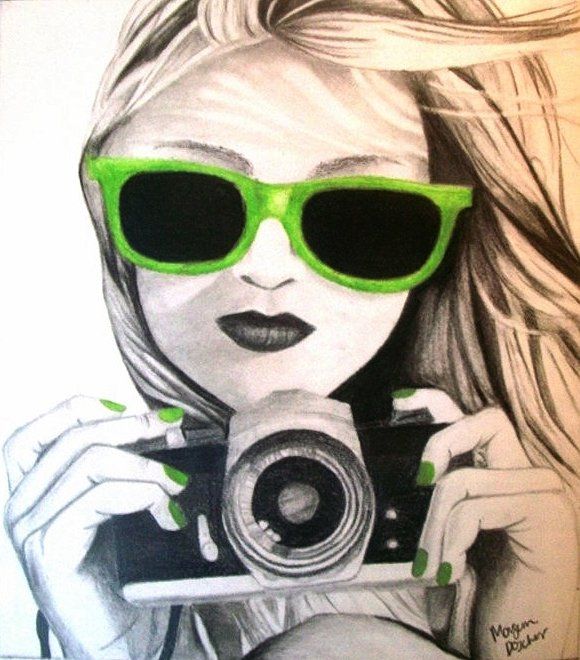 A drawing of a woman wearing green sunglasses taking a picture