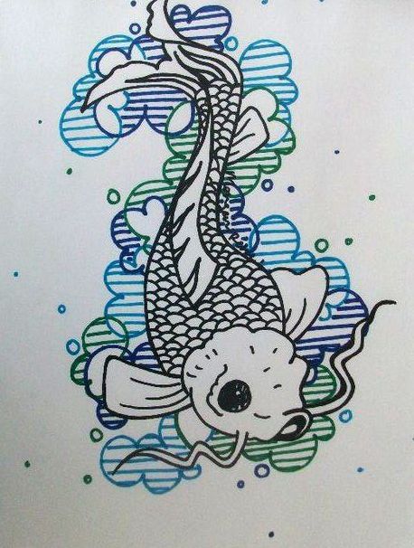 A drawing of a fish with bubbles in the background