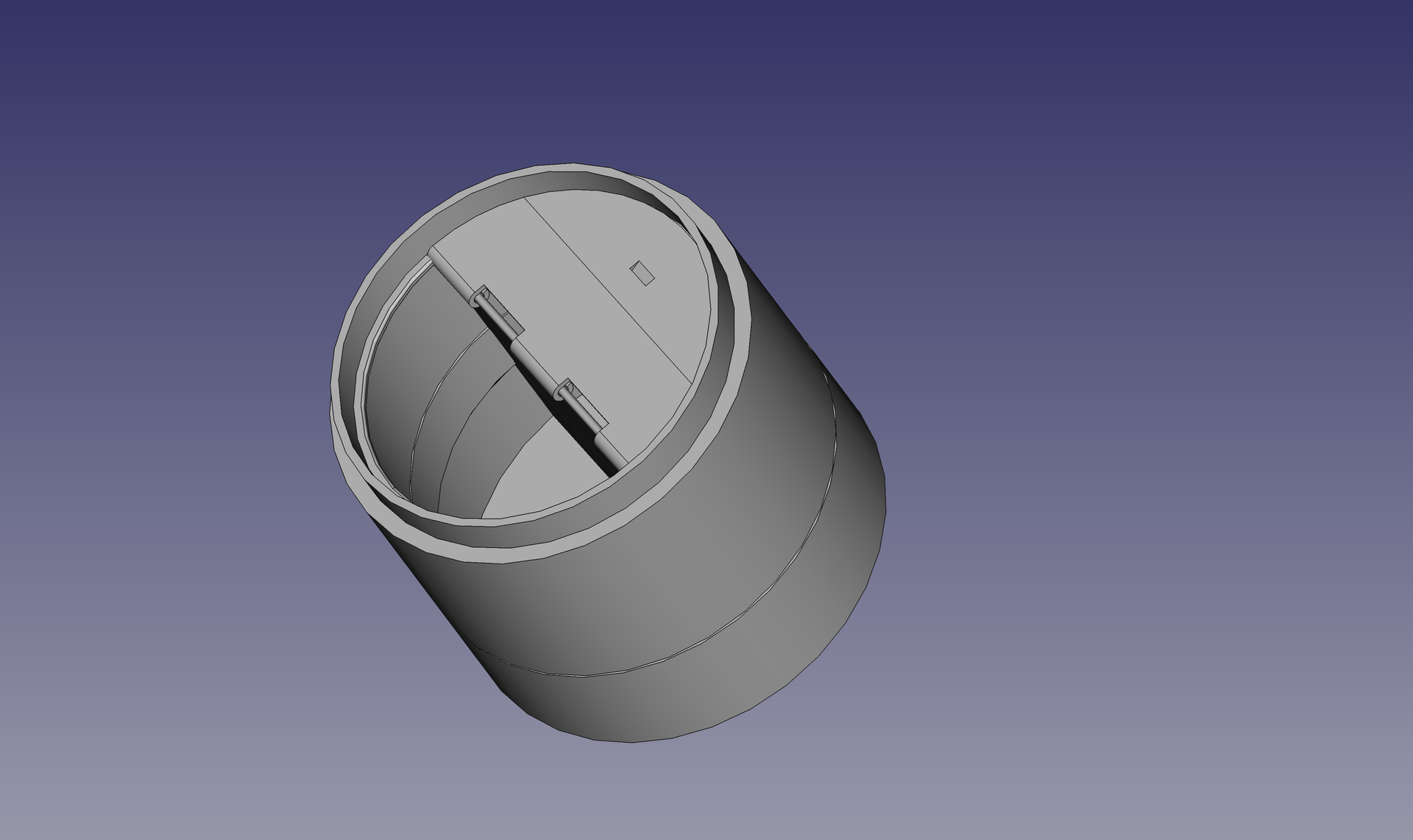 Gray 3D model of a cylindrical container with a dividing element inside, visible on a light blue background.