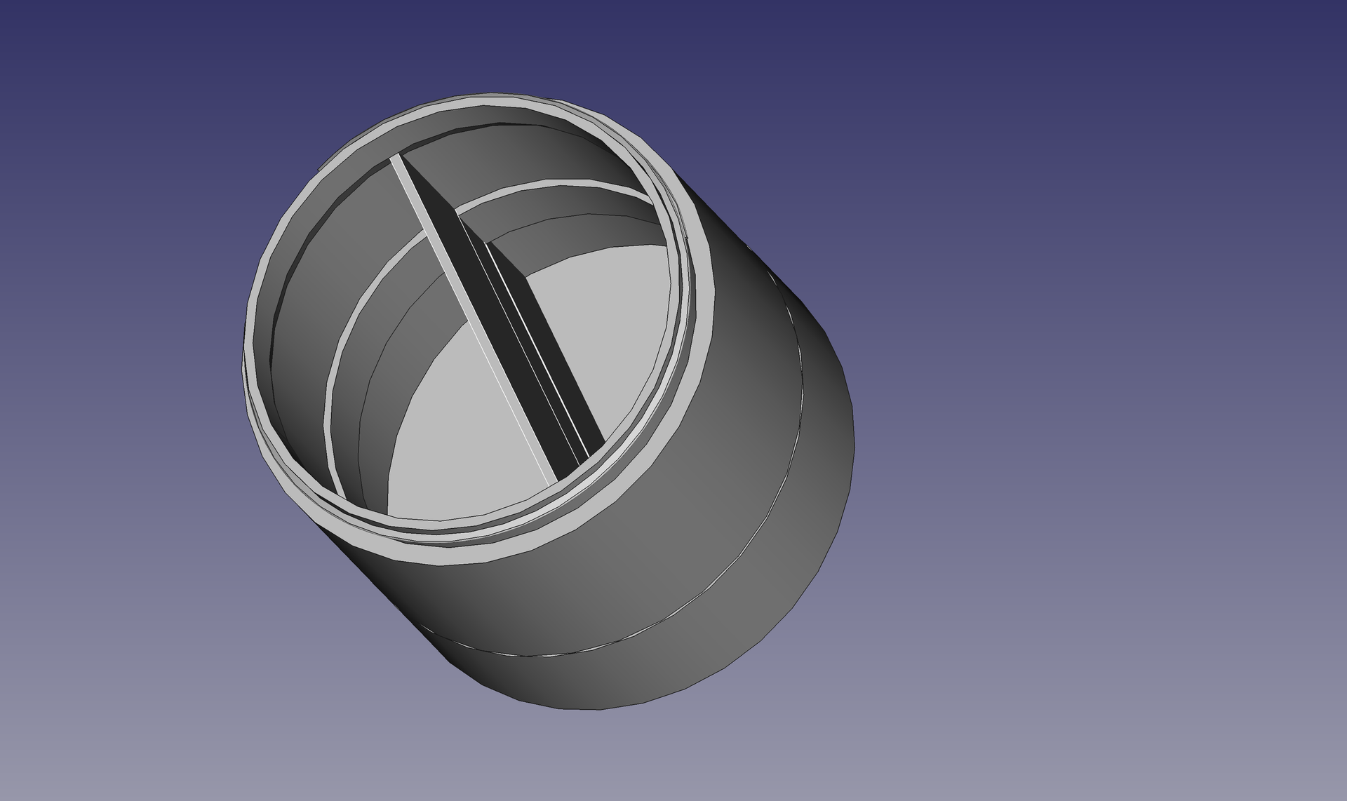 A 3D rendering of a gray cylinder with interior blade, possibly a valve or flow regulator.