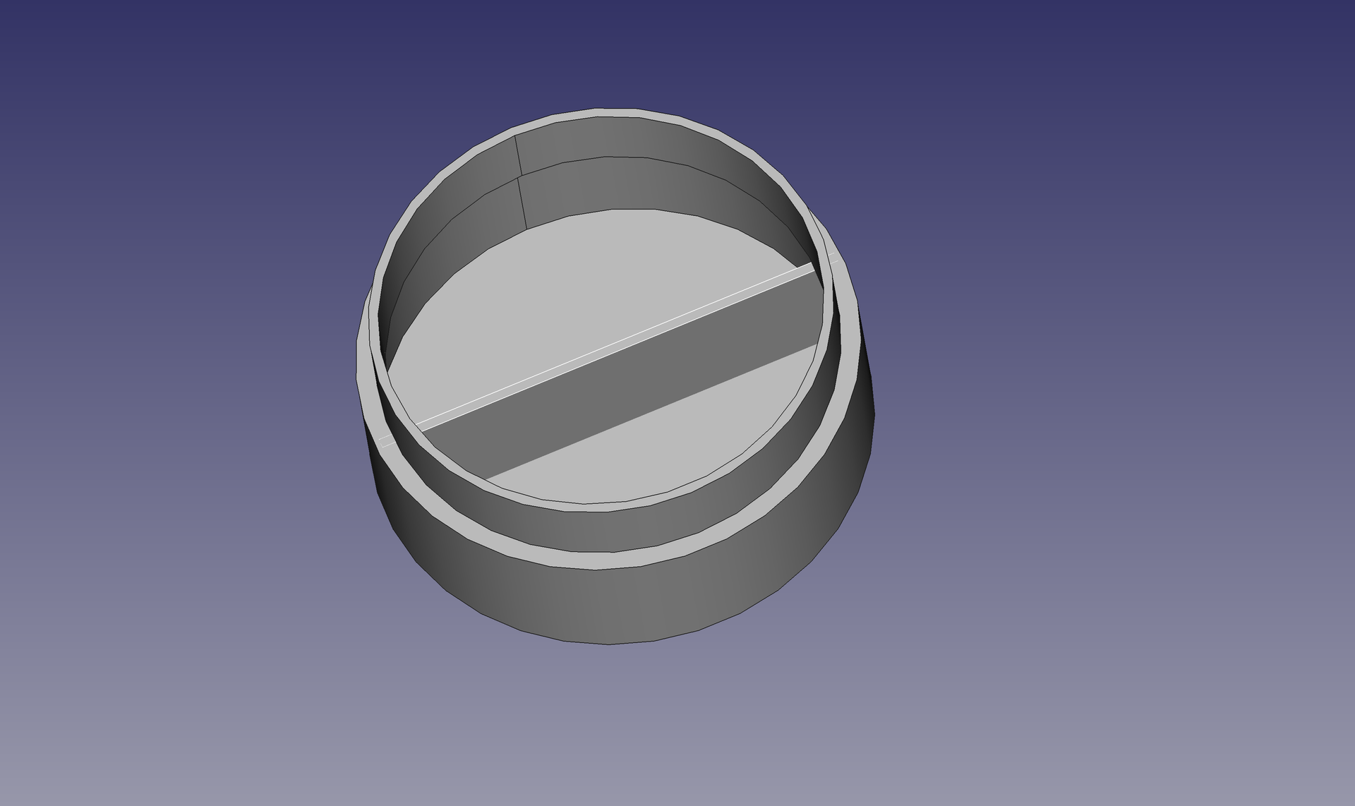 3D model of a gray, cylindrical object with a slot cut into the top surface.
