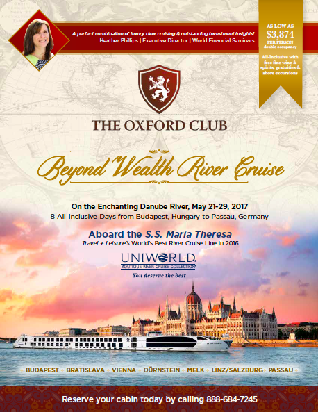 A brochure cover for the oxford club beyond wealth river cruise designed by Morgan René Doscher.