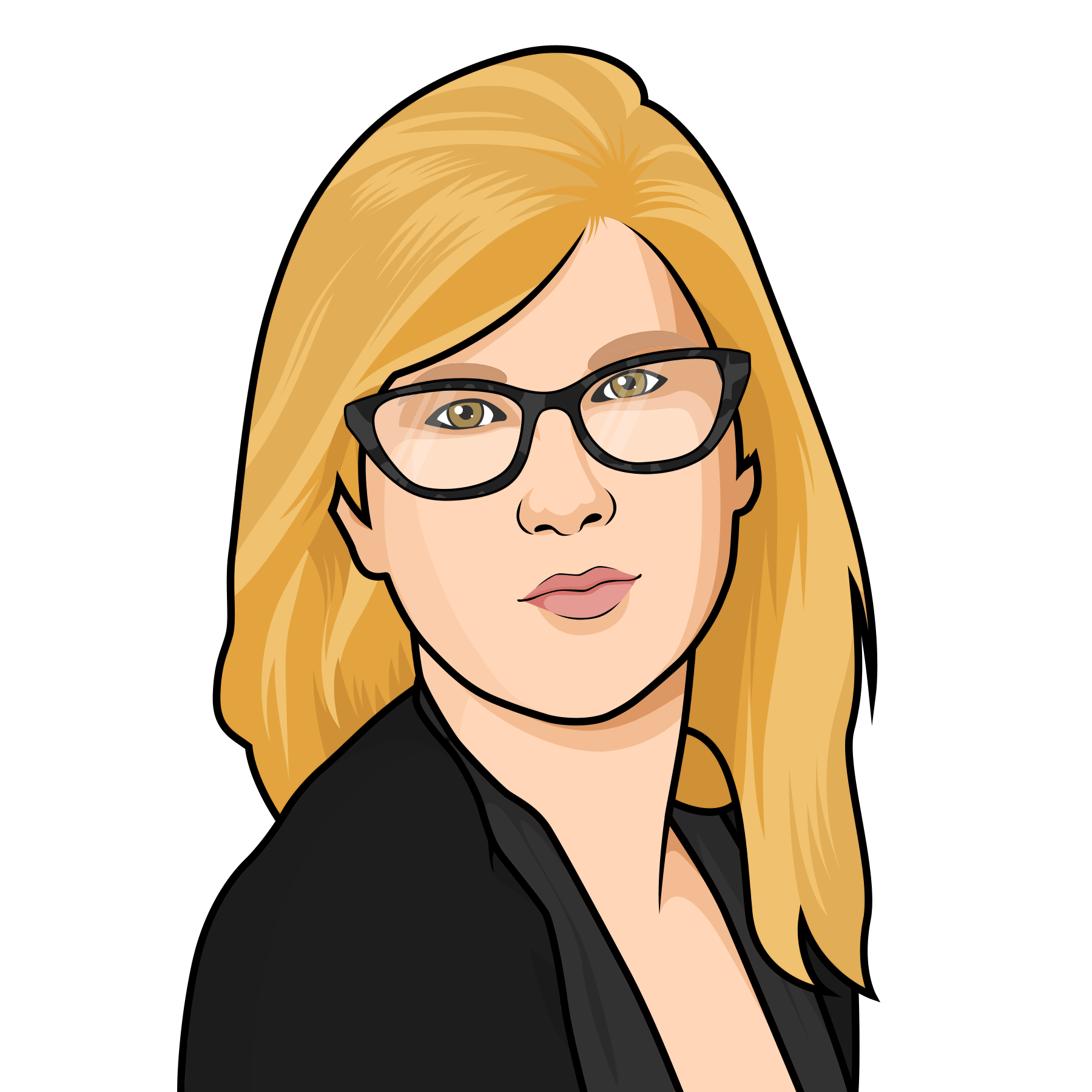 A pixel art portrait of a woman wearing glasses and a black jacket.