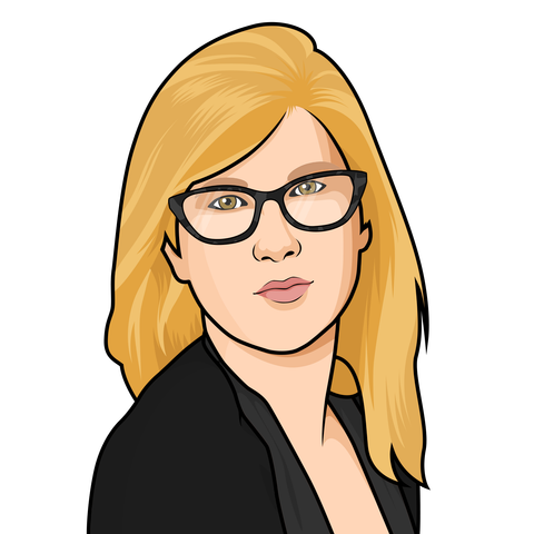 A pixel art portrait of a woman wearing glasses and a black jacket.