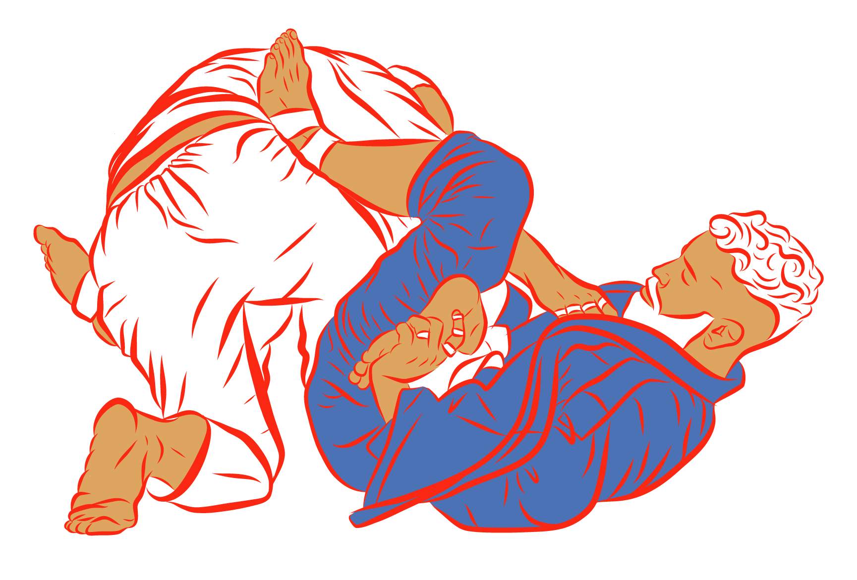 A man in a blue shirt is laying on top of another man in a white shirt.