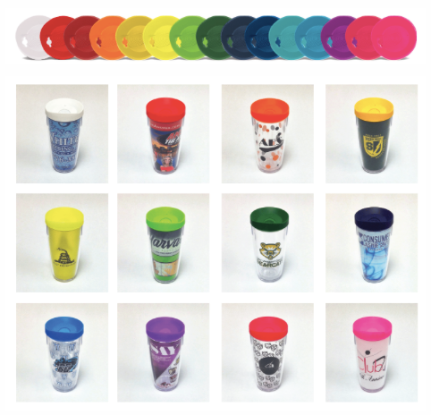 A bunch of different colored cups are lined up on a table