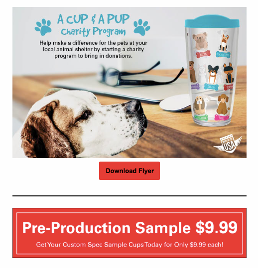 An advertisement for a cup for a pup charity program