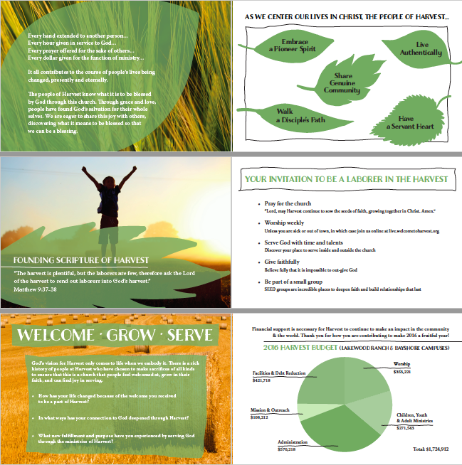 A brochure layout that says welcome, grow,  serve on it with diagrams and pictures designed by Morgan René Doscher