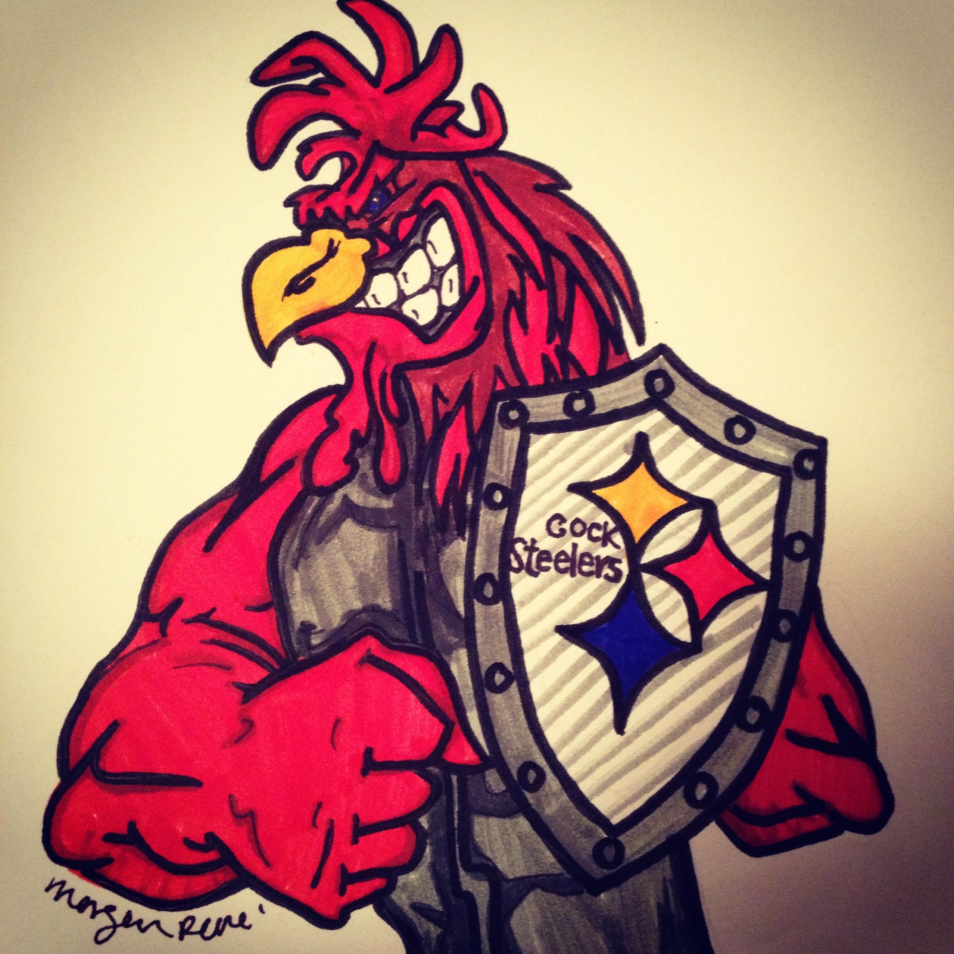 A drawing of a rooster holding a steelers shield