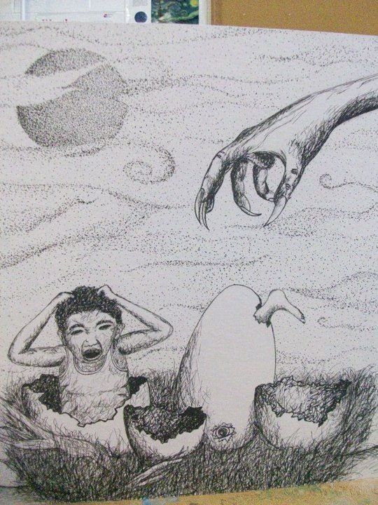 A black and white drawing of a baby being born