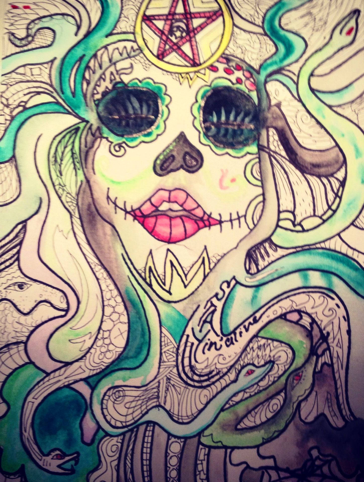 illustration of a woman and snakes coming off of her head as head rand live laugh love written in by Morgan René Doscher