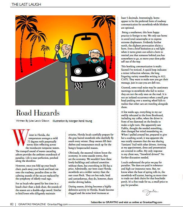 article about road hazards with a cartoon of an old woman driving a car and an old man with a cane hanging out the window