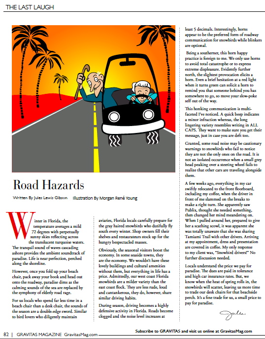 A cartoon of a man driving a car on a road with palm trees.