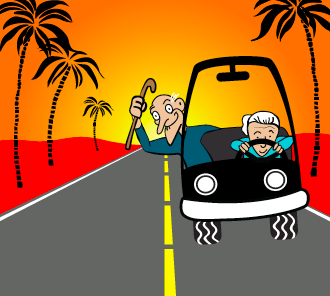 A cartoon of an elderly couple driving down a road