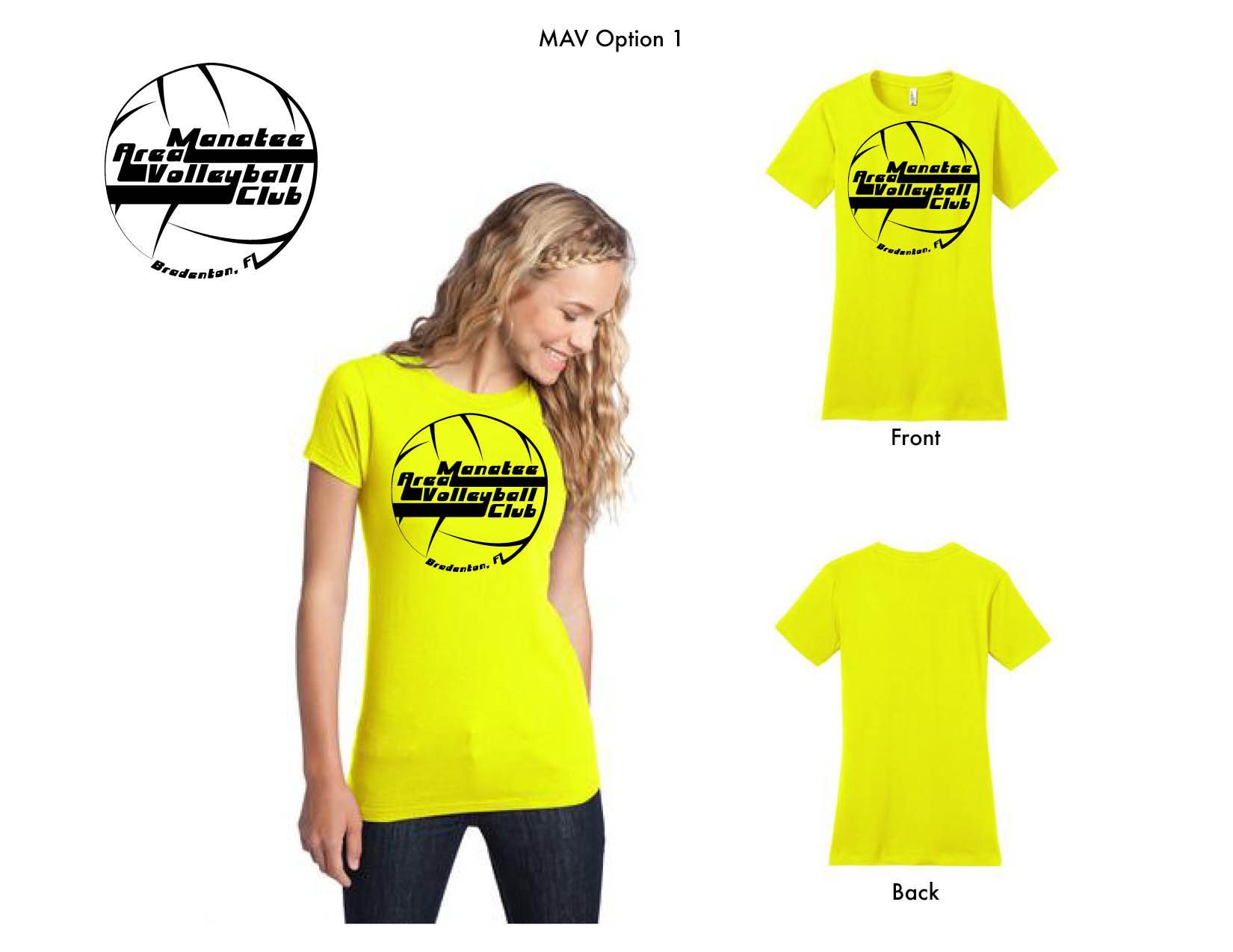 A woman wearing a yellow t-shirt with a volleyball on it