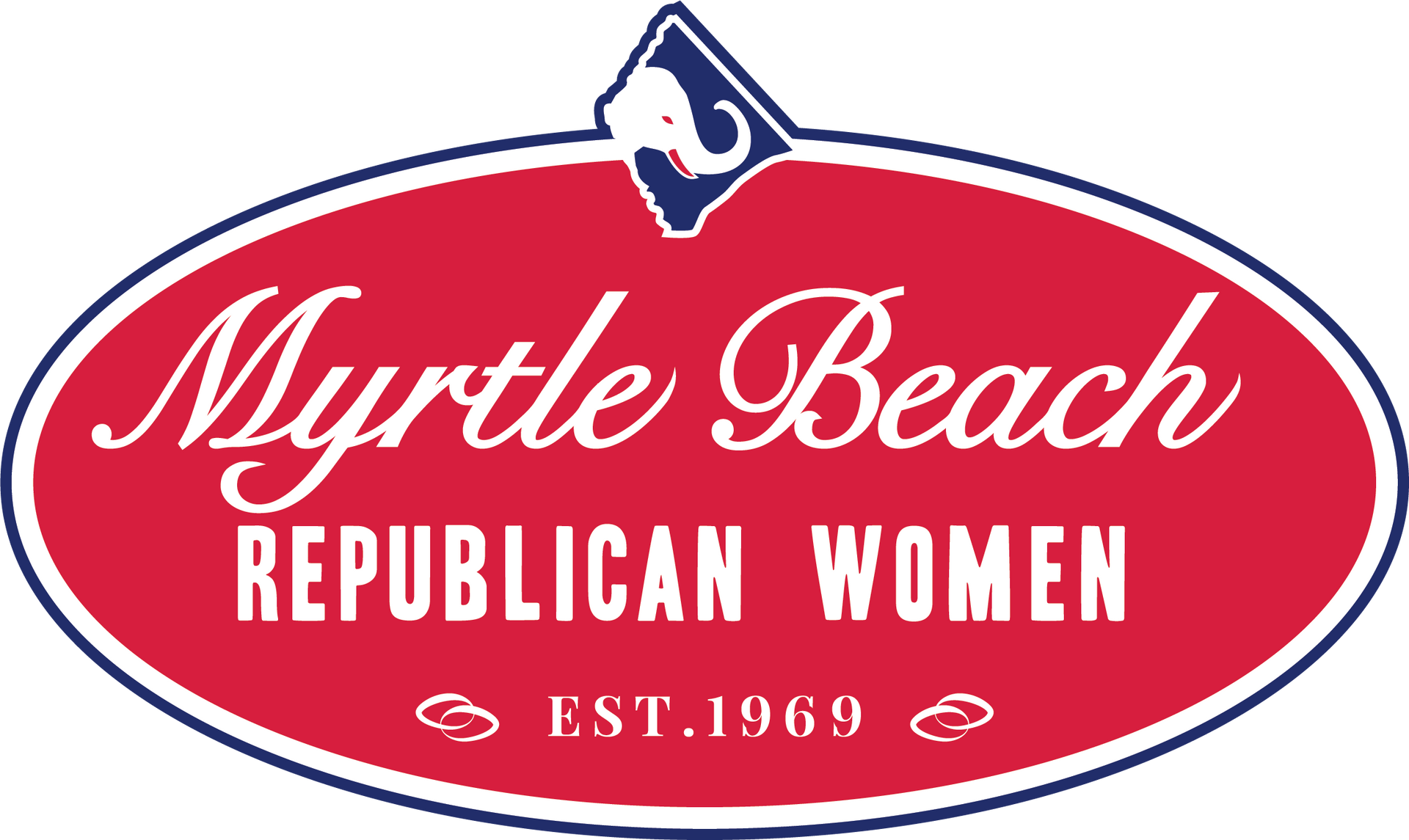 Myrtle Beach Republican Women EST. 1969 Logo red white and blue with an elephant icon