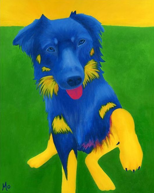 A painting of a blue dog with yellow paws