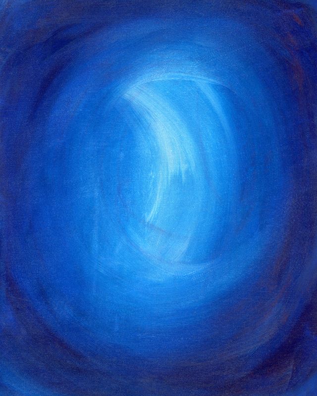 It is a painting of a blue circle with a light coming out of it.