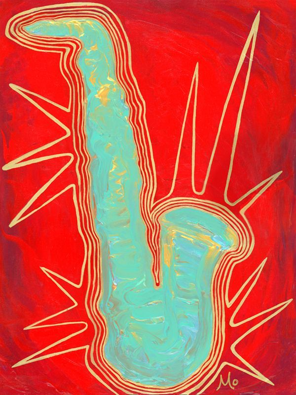 A painting of a saxophone on a red background