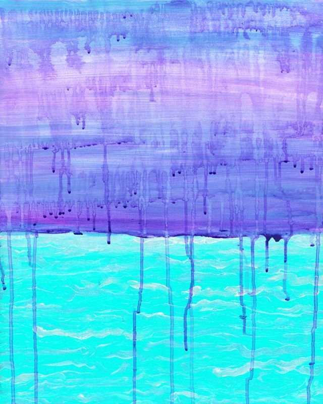 It is a painting of a blue and purple water surface.