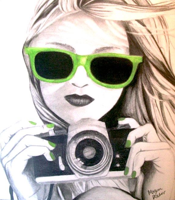 A drawing of a woman wearing green sunglasses holding a camera