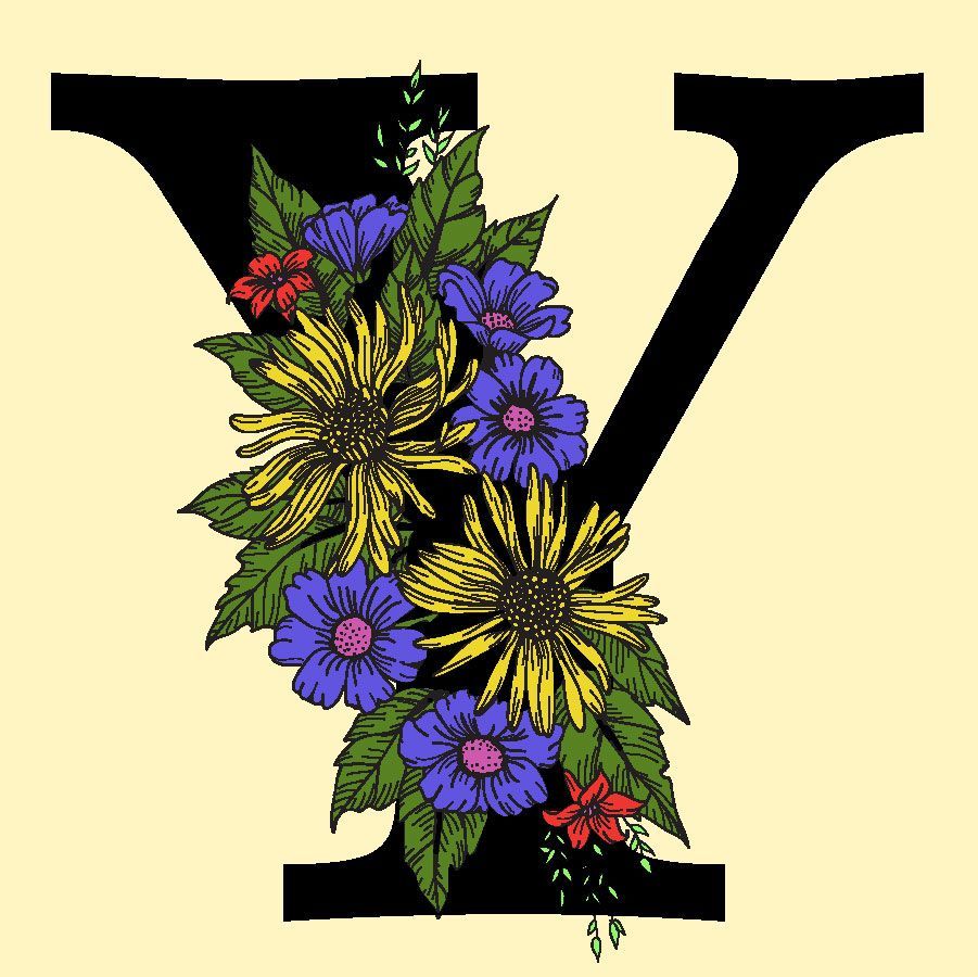 The letter y is decorated with flowers and leaves