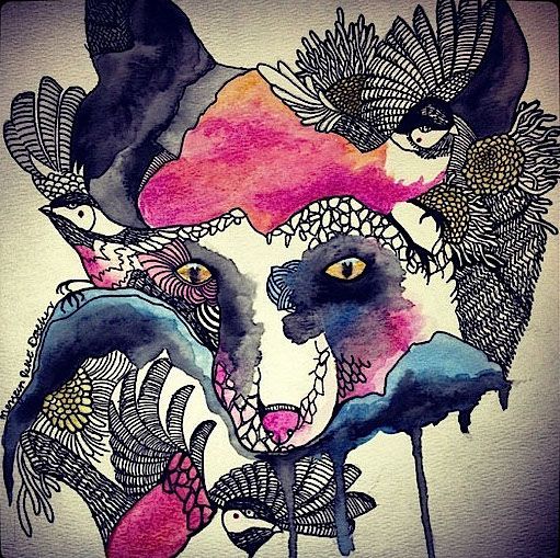 A drawing of a bear surrounded by birds and flowers