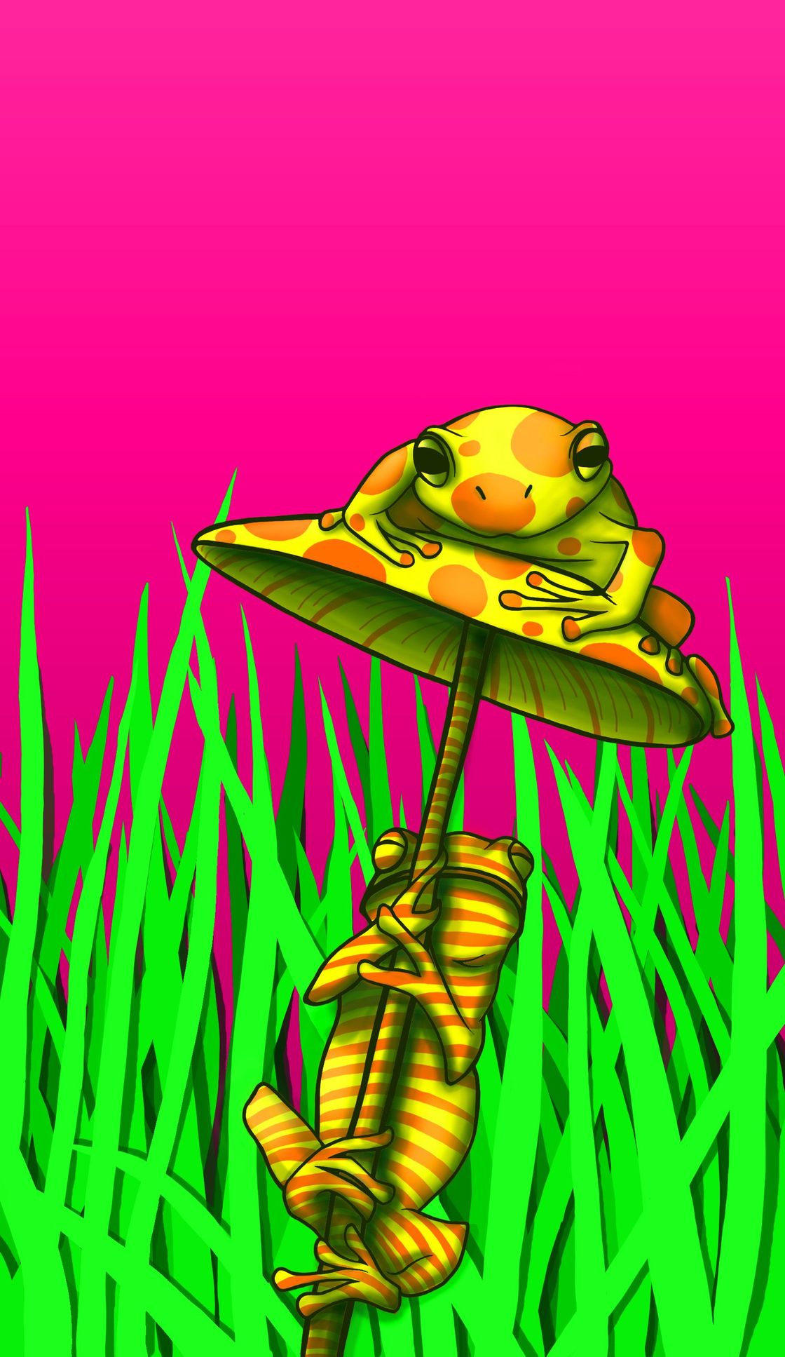 A frog is sitting on top of a mushroom in the grass.