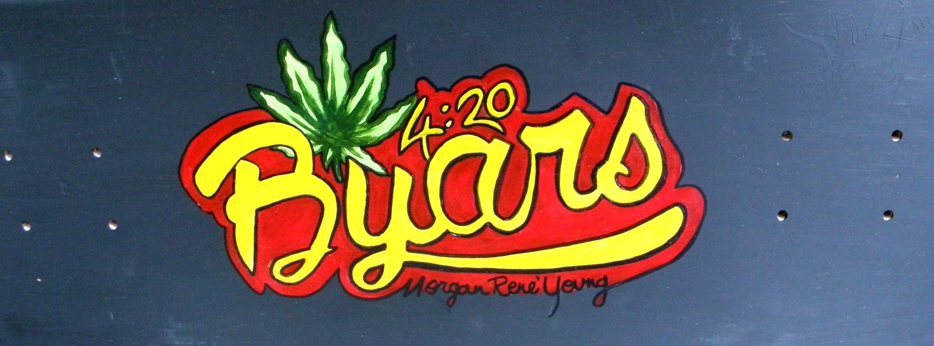 4:20 Byars in yellow with a green hemp leaf and red background painting with a signature of Morgan René Young 