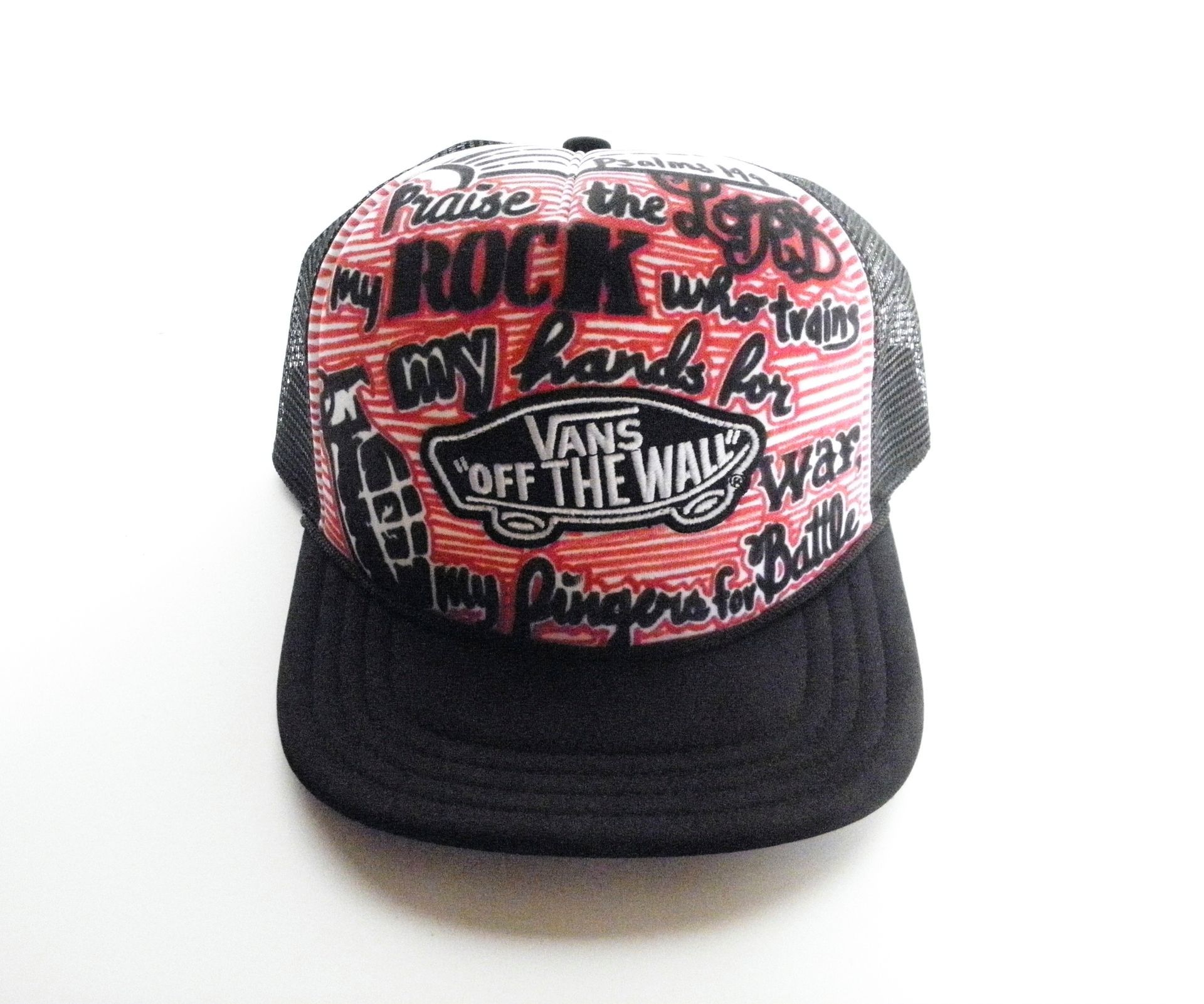 A red and black vans off the wall hat