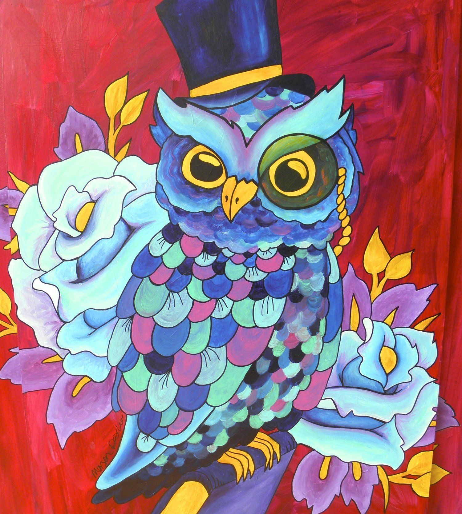 A painting of an owl wearing a top hat